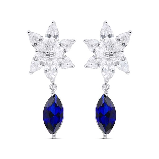 [EAR01SAP00WCZC286] Sterling Silver 925 Earring Rhodium Plated Embedded With Sapphire Corundum And White Zircon