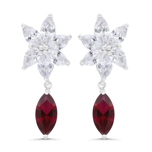 [EAR01RUB00WCZC286] Sterling Silver 925 Earring Rhodium Plated Embedded With Ruby Corundum And White Zircon