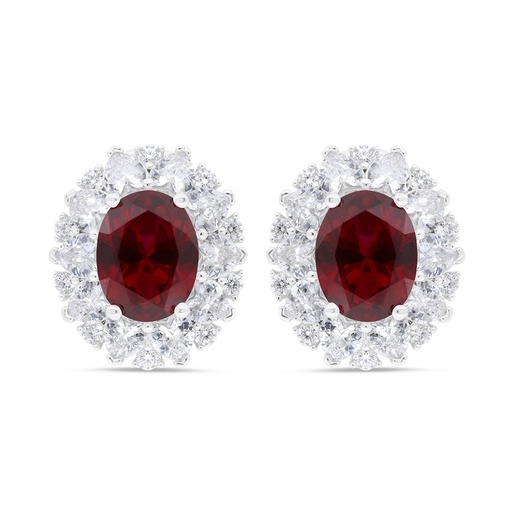 [EAR01RUB00WCZC289] Sterling Silver 925 Earring Rhodium Plated Embedded With Ruby Corundum And White Zircon