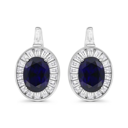 [EAR01SAP00WCZC292] Sterling Silver 925 Earring Rhodium Plated Embedded With Sapphire Corundum And White Zircon