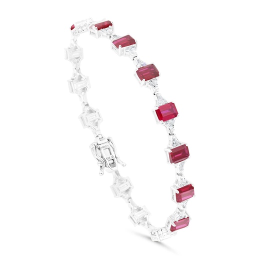 [BRC01RUB00WCZB121] Sterling Silver 925 Bracelet Rhodium Plated Embedded With Ruby Corundum And White Zircon