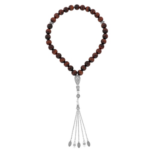 [ROS08TGR33SILA011] Rosary 33 Sterling Silver 925  Set Oxidized Embedded With Red Tiger Eye 10 ML LOGO