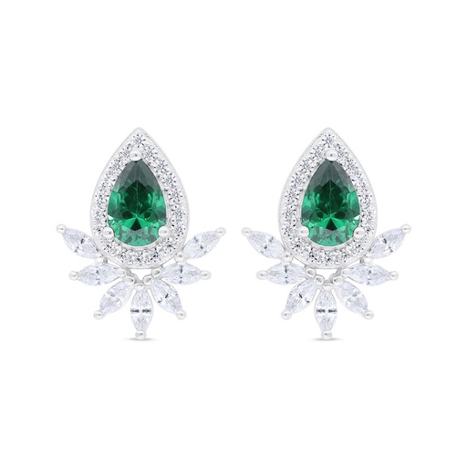 [EAR01EMR00WCZC339] Sterling Silver 925 Earring Rhodium Plated Embedded With Emerald Zircon And White Zircon