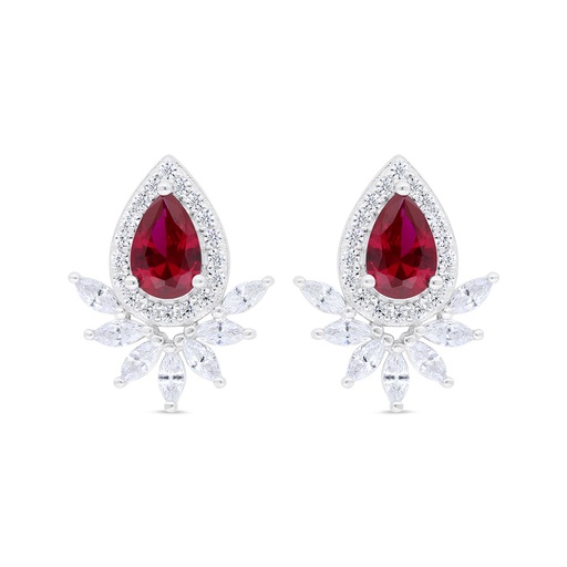 [EAR01RUB00WCZC339] Sterling Silver 925 Earring Rhodium Plated Embedded With Ruby Corundum And White Zircon