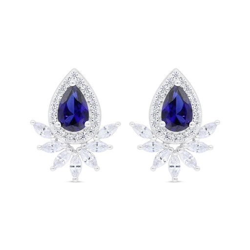 [EAR01SAP00WCZC339] Sterling Silver 925 Earring Rhodium Plated Embedded With Sapphire Corundum And White Zircon