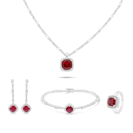 Sterling Silver 925 SET Rhodium Plated Embedded With Ruby Corundum And White CZ