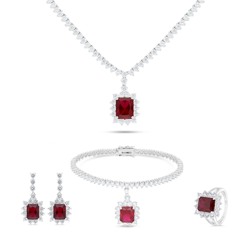 Sterling Silver 925 SET Rhodium Plated Embedded With Ruby Corundum And White CZ