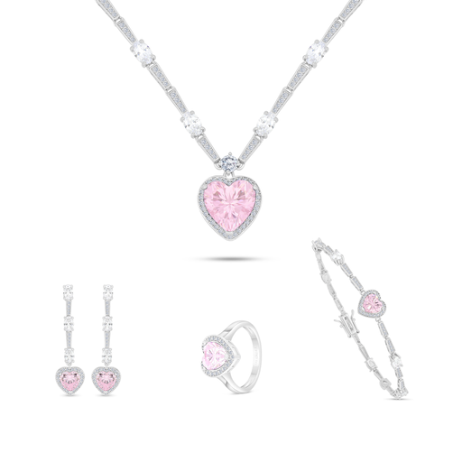 Sterling Silver 925 SET Rhodium Plated Embedded With pink Zircon And White CZ