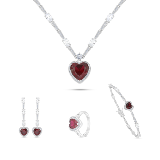 Sterling Silver 925 SET Rhodium Plated Embedded With Ruby Corundum And White CZ