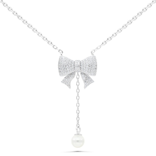 [NCL01PRL00WCZB410] Sterling Silver 925 Necklace Rhodium Plated Embedded With White Shell Pearl And White Zircon