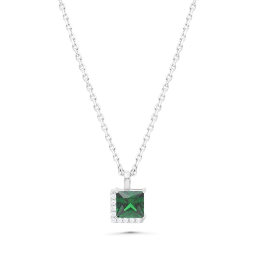 [NCL01EMR00WCZB417] Sterling Silver 925 Necklace Rhodium Plated Embedded With Emerald Zircon And White Zircon