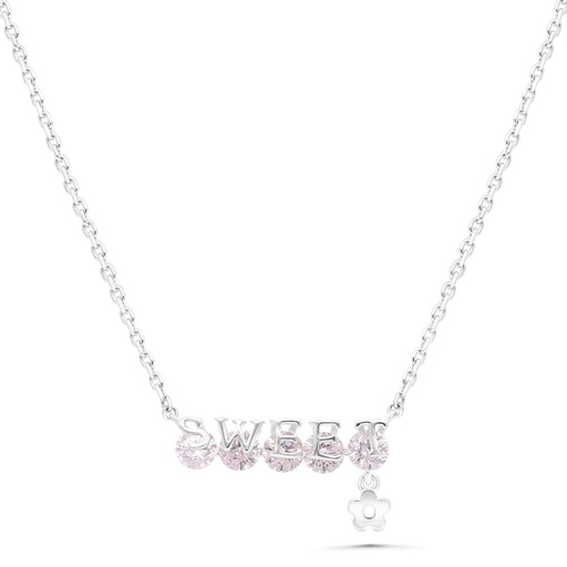 [NCL01PIK00WCZB427] Sterling Silver 925 Necklace Rhodium Plated Embedded With Pink Zircon And White Zircon