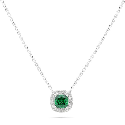 [NCL01EMR00WCZB435] Sterling Silver 925 Necklace Rhodium Plated Embedded With Emerald Zircon And White Zircon