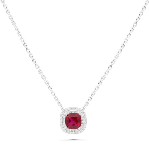 [NCL01RUB00WCZB435] Sterling Silver 925 Necklace Rhodium Plated Embedded With Ruby Corundum And White Zircon
