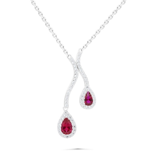 [NCL01RUB00WCZB438] Sterling Silver 925 Necklace Rhodium Plated Embedded With Ruby Corundum And White Zircon