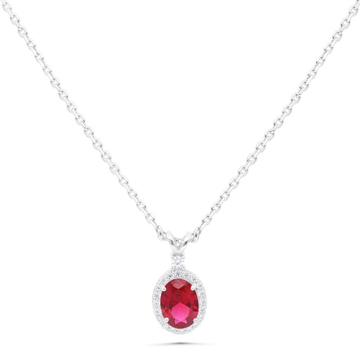 [NCL01RUB00WCZB439] Sterling Silver 925 Necklace Rhodium Plated Embedded With Ruby Corundum And White Zircon