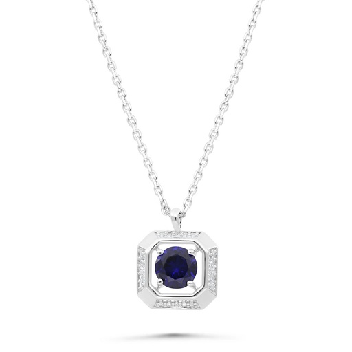 [NCL01SAP00WCZB441] Sterling Silver 925 Necklace Rhodium Plated Embedded With Sapphire Corundum And White Zircon