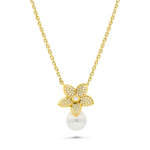 [NCL02PRL00WCZB448] Sterling Silver 925 Necklace Gold Plated Embedded With White Shell Pearl And White Zircon