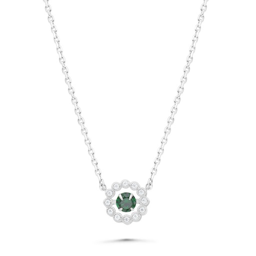 [NCL01EMR00WCZB450] Sterling Silver 925 Necklace Rhodium Plated Embedded With Emerald Zircon And White Zircon