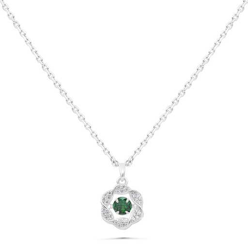 [NCL01EMR00WCZB459] Sterling Silver 925 Necklace Rhodium Plated Embedded With Emerald Zircon And White Zircon