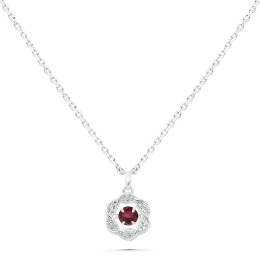 [NCL01RUB00WCZB459] Sterling Silver 925 Necklace Rhodium Plated Embedded With Ruby Corundum And White Zircon