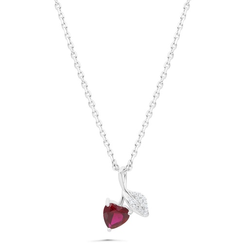 [NCL01RUB00WCZB463] Sterling Silver 925 Necklace Rhodium Plated Embedded With Ruby Corundum And White Zircon