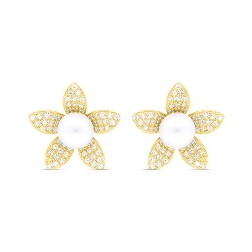 [EAR02PRL00WCZC383] Sterling Silver 925 Earring Gold Plated Embedded With White Shell Pearl And White Zircon