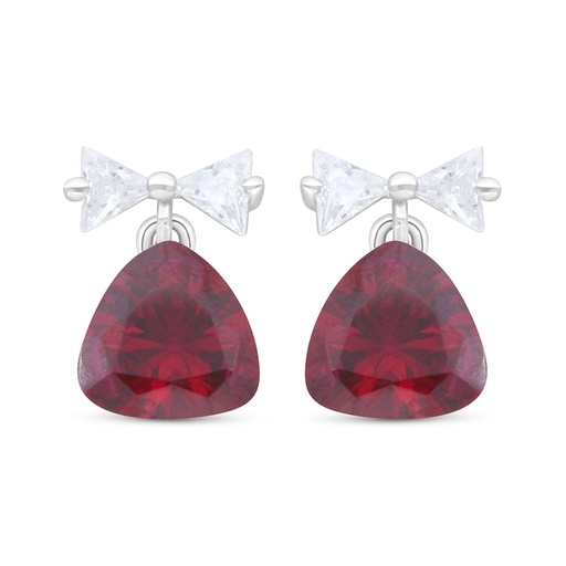 [EAR01RUB00WCZC386] Sterling Silver 925 Earring Rhodium Plated Embedded With Ruby Corundum And White Zircon