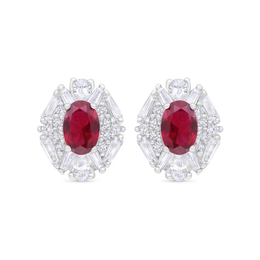 [EAR01RUB00WCZC343] Sterling Silver 925 Earring Rhodium Plated Embedded With Ruby Corundum And White Zircon