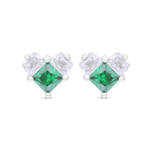 [EAR01EMR00WCZC349] Sterling Silver 925 Earring Rhodium Plated Embedded With Emerald Zircon And White Zircon