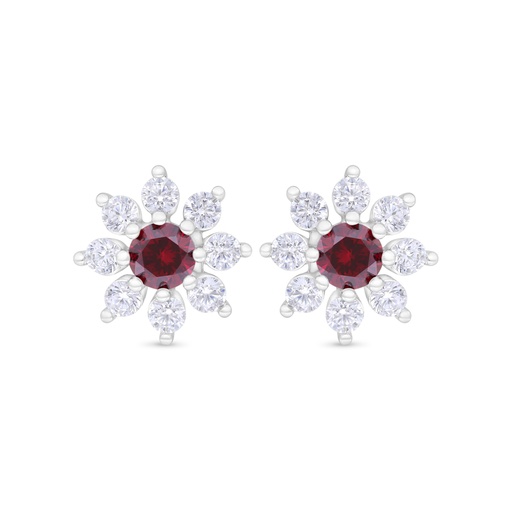 [EAR01RUB00WCZC351] Sterling Silver 925 Earring Rhodium Plated Embedded With Ruby Corundum And White Zircon