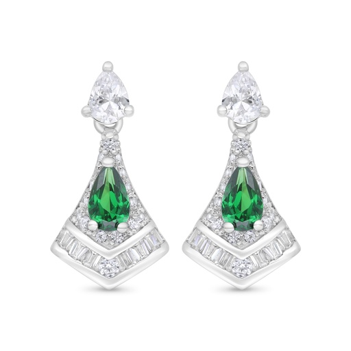 [EAR01EMR00WCZC354] Sterling Silver 925 Earring Rhodium Plated Embedded With Emerald Zircon And White Zircon