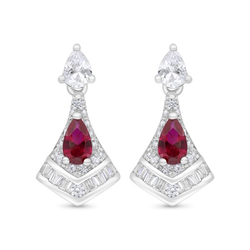 [EAR01RUB00WCZC354] Sterling Silver 925 Earring Rhodium Plated Embedded With Ruby Corundum And White Zircon