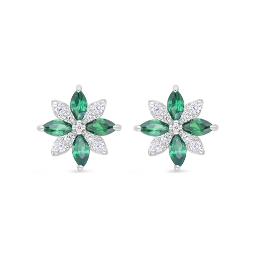 [EAR01EMR00WCZC364] Sterling Silver 925 Earring Rhodium Plated Embedded With Emerald Zircon And White Zircon