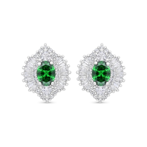 [EAR01EMR00WCZC375] Sterling Silver 925 Earring Rhodium Plated Embedded With Emerald Zircon And White Zircon