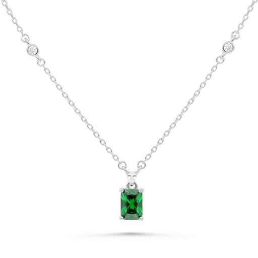 [NCL01EMR00WCZB392] Sterling Silver 925 Necklace Rhodium Plated Embedded With Emerald Zircon And White Zircon