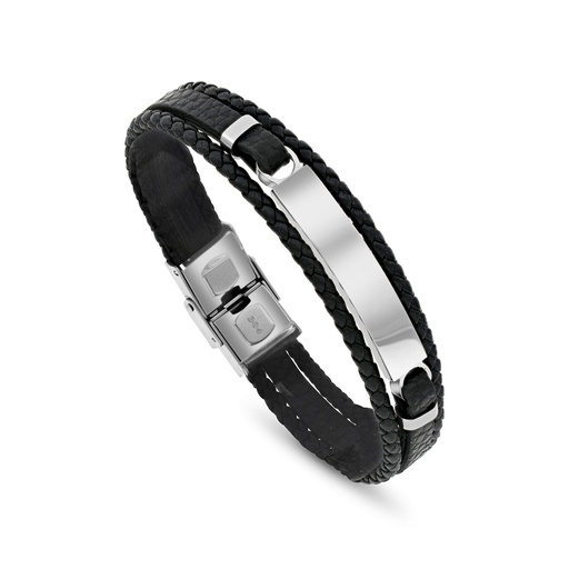 [BRC0900000000A205] Stainless Steel 304L Bracelet, Silver Plated Embedded With Black Leather For Men