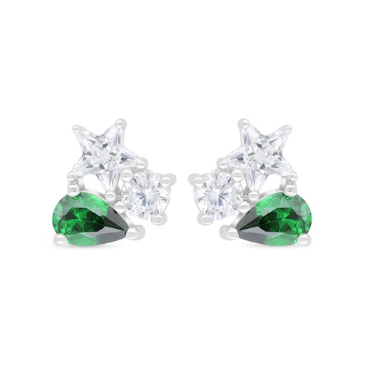 [EAR01EMR00WCZC406] Sterling Silver 925 Earring Rhodium Plated Embedded With Emerald Zircon And White Zircon