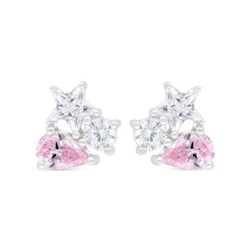[EAR01PIK00WCZC406] Sterling Silver 925 Earring Rhodium Plated Embedded With Pink Zircon And White Zircon