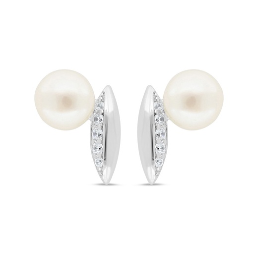 [EAR01PRL00WCZC417] Sterling Silver 925 Earring Rhodium Plated Embedded With White Shell Pearl And White Zircon
