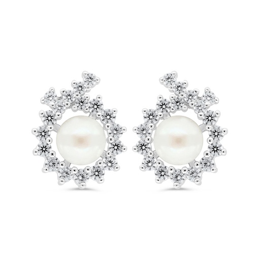 [EAR01PRL00WCZC420] Sterling Silver 925 Earring Rhodium Plated Embedded With White Shell Pearl And White Zircon
