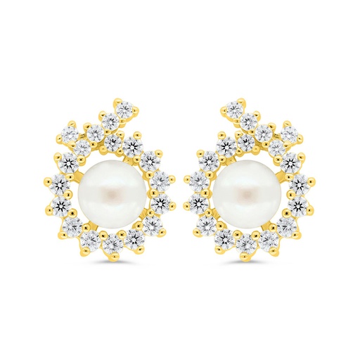 [EAR02PRL00WCZC420] Sterling Silver 925 Earring Golden Plated Embedded With White Shell Pearl And White Zircon