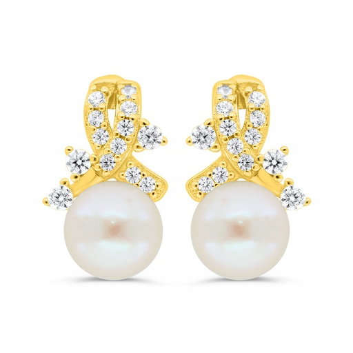 [EAR02PRL00WCZC421] Sterling Silver 925 Earring Golden Plated Embedded With White Shell Pearl And White Zircon