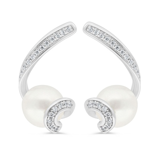 [EAR01PRL00WCZC422] Sterling Silver 925 Earring Rhodium Plated Embedded With White Shell Pearl And White Zircon
