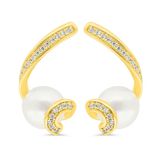 [EAR02PRL00WCZC422] Sterling Silver 925 Earring Golden Plated Embedded With White Shell Pearl And White Zircon