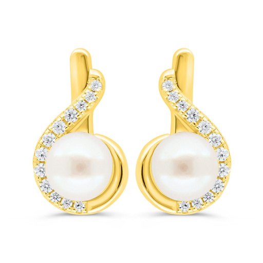 [EAR02PRL00WCZC423] Sterling Silver 925 Earring Golden Plated Embedded With White Shell Pearl And White Zircon