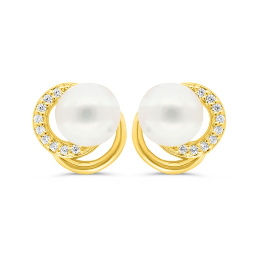 [EAR02PRL00WCZC428] Sterling Silver 925 Earring Golden Plated Embedded With White Shell Pearl And White Zircon