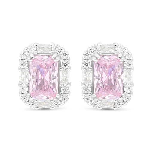 [EAR01PIK00WCZC436] Sterling Silver 925 Earring Rhodium Plated Embedded With Pink Zircon And White Zircon