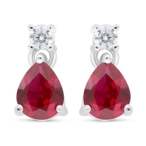 [EAR01RUB00WCZC446] Sterling Silver 925 Earring Rhodium Plated Embedded With Ruby Corundum And White Zircon