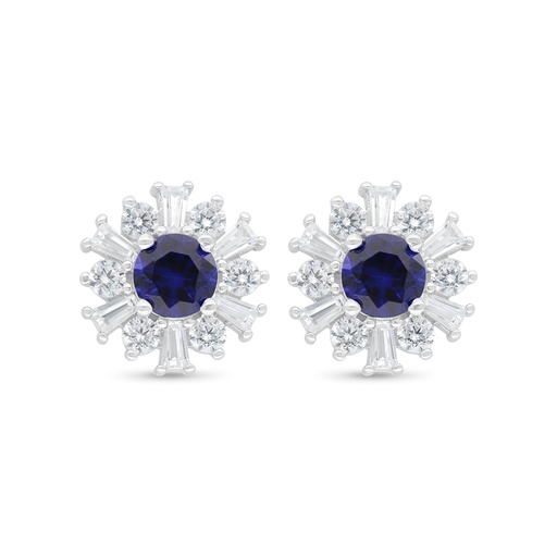 [EAR01SAP00WCZC451] Sterling Silver 925 Earring Rhodium Plated Embedded With Sapphire Corundum And White Zircon